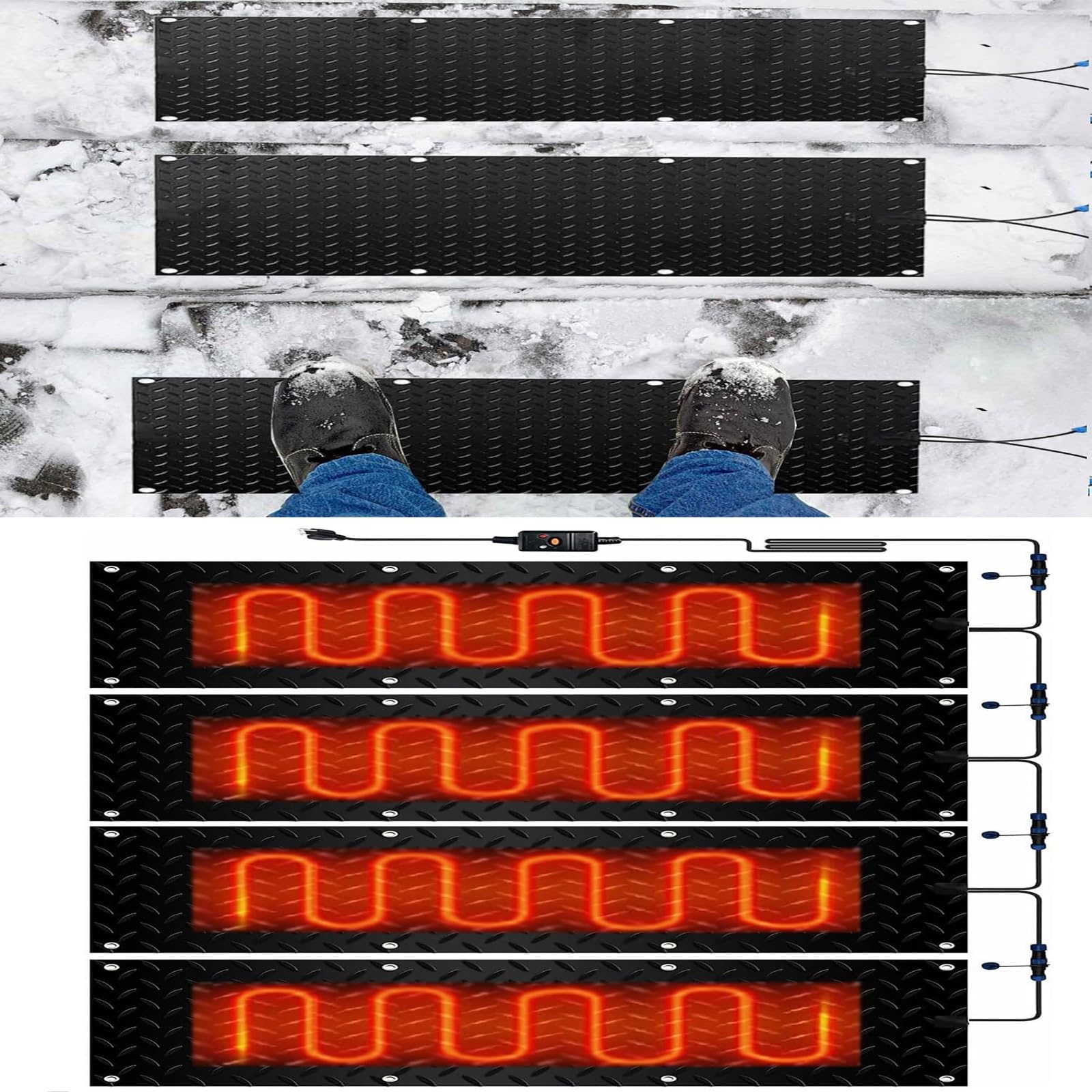 Tapis de fonte de neige for extérieur - Tapis de fonte de neige et de glace antidérapant en PVC avec cordon d'alimentation for l'hiver(30x150cmx4Pcs)