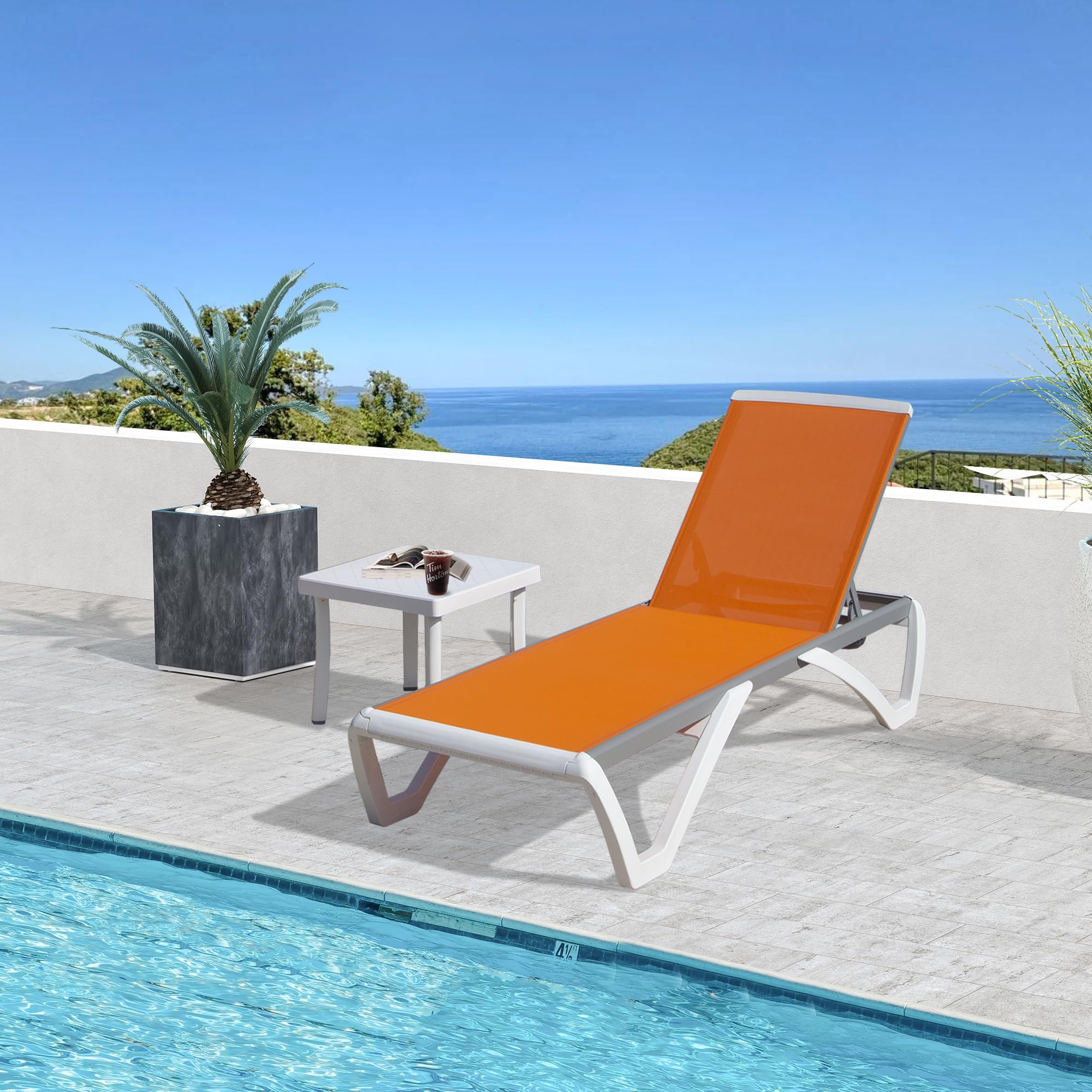 Domi Outdoor Chaise Lounge Chair, Aluminum Patio Lounge Chair with 5 Position Adjustable Backrest and Side Table, for Poolside, Beach, Yard(1 Orange