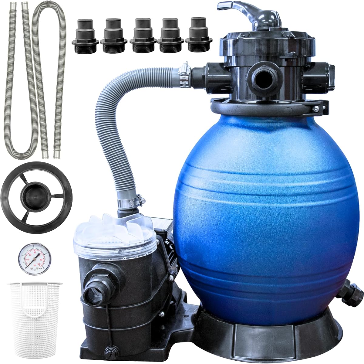 Sand Filter Pump for Above Ground Pool - 12'', 0.3 THP, 2220 GPH Pump flow rate 4 way Multi port valve, Easy Installation