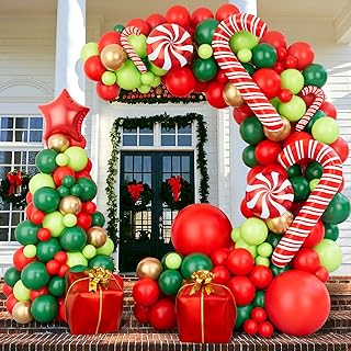 144 Piece Christmas Balloon Garland Arch kit with Xmas Red Gold Fresh Green and Dark Green Balloon Candy Balloons Gift Box Balloons Red Star Balloons for Christmas Party Decorations