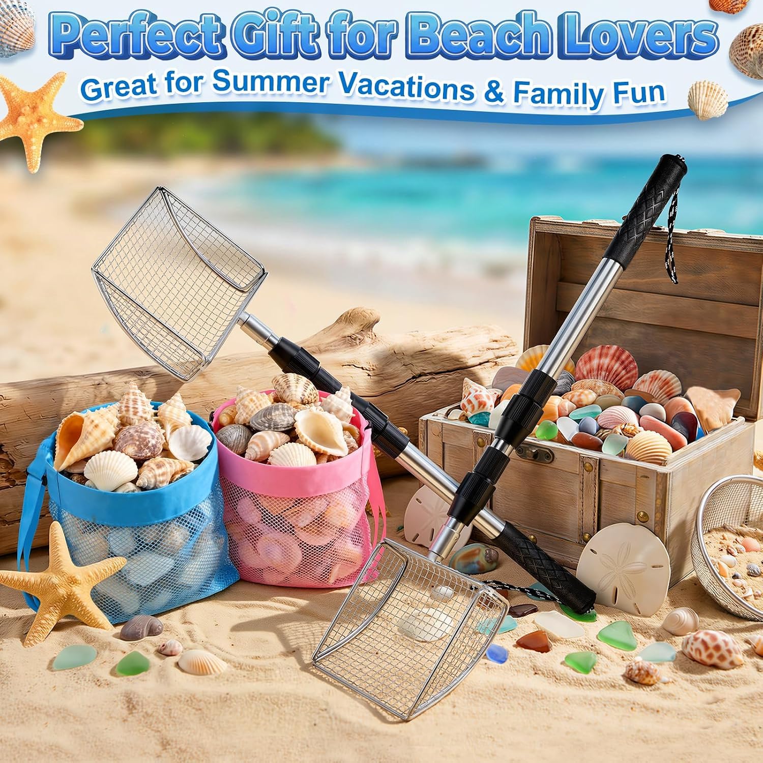 RGQSUN 2 Shark Tooth Sifters with 2 Seashell Bags, Beach Sand Sifter Set with Extendable Handles for Shell Collecting, Sea Glass, Shark Teeth and Small Beach Finds