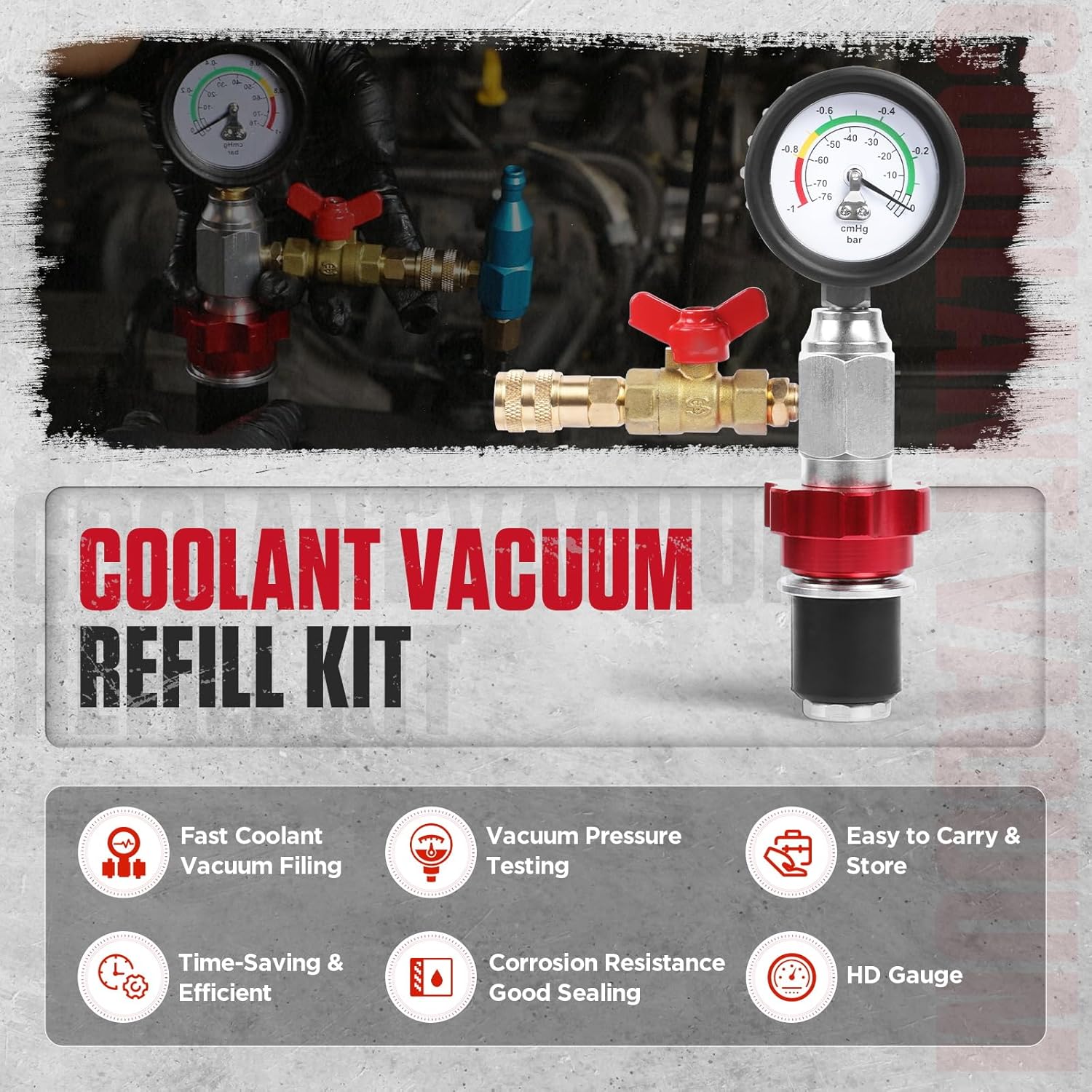 Coolant Vacuum Refill Kit Quick Vacuum Coolant Fill Kit with 5 Universal Adapters, Pressure Gauge, 41 in Fill Hose & 2 Quick Connectors for Most Vehicles
