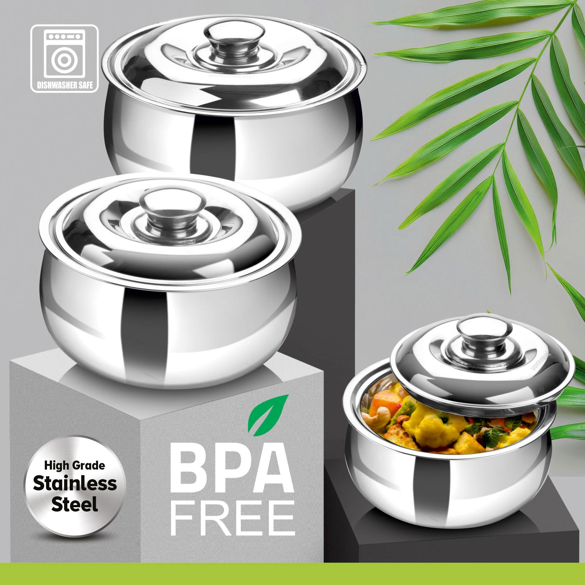 SIGNORA WARE Set di 3 grandi casseruole isolate con coperchio, in acciaio inox, per scaldavivande e insalata, contenitore termico per alimenti caldi, set regalo per mamme