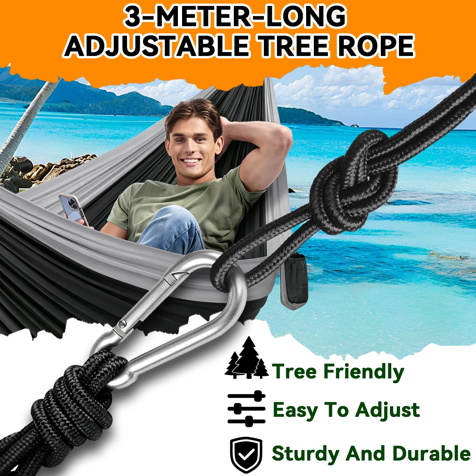 Hamaca de Camping Ultraligera 300 kg – 270 x 140 cm, Nailon Paracaídas Transpirable, con Correas para Árboles, Mosquetones y Bolsa,Hamaca Secado Rápido para Jardín, Playa y Senderismo — view 3