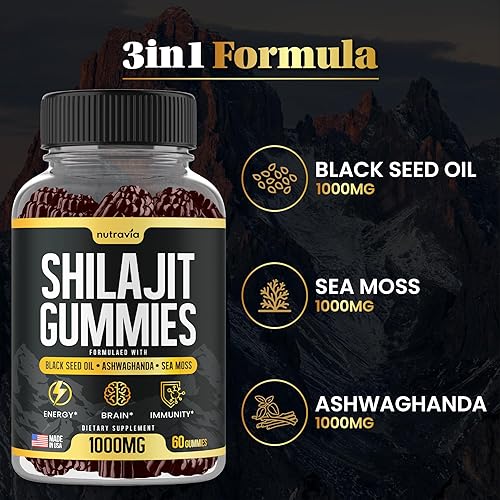 Miniatura 7 de Gomitas Shilajit 3 en 1 con musgo marino, aceite de semilla negra, Ashwagandha, fórmula natural, suplemento Shilajit de 85+ oligominerales, gomitas