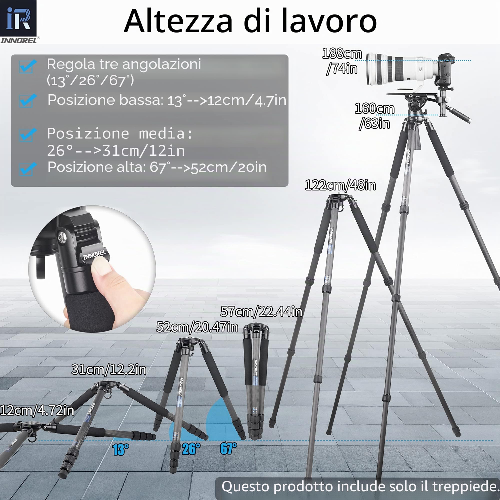 INNOREL RT80C Treppiede a Ciotola in Carbonio 160cm/63in, Carico Massimo 20kg, Tubo Massimo 32mm 4 Sezioni,con 65mm Adattatore per Ciotola/Borsa,Treppiedi Professionale Impieghi Gravosi Ultra Stabile