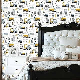 Peel and Stick Wallpaper Playful Construction Vehicles Nature Elements Illustrated Self Adhesive Wallpaper for Dining Room Bedroom Restaurant Nursery Bathroom Cabinet 17.5"x118"
