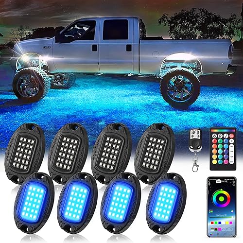 8Pods - Luces LED RGB de metal con control remoto APPRF, luces subterráneas multicolor impermeables para vehículos con modo de música de doble zona,