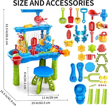 3-Tier Water Table for Kids Toddlers Ages 2 3+ 4-8, Outdoor Summer Beach Sensory Play Activity Toys, Water Pool Table, Birthday Gifts for Boys Girls