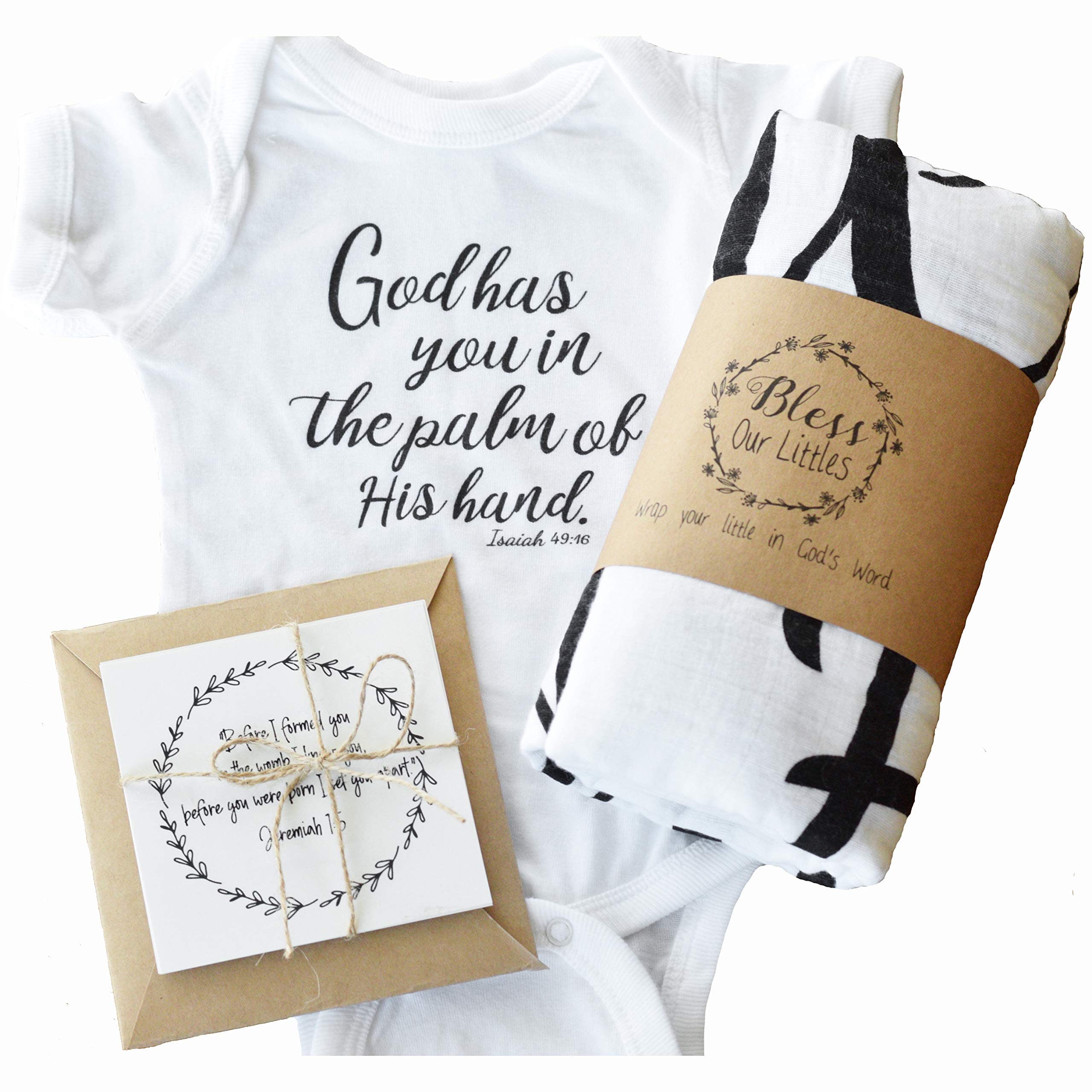 Green Hills Newborn Baby Gift Set - Scripture Swaddle Blanket, Newborn Onesie and Bible Verse Cards - Baby Shower - Welcome Home Newborn Gift - Isaiah 49:16 (Newborn Gift Set)
