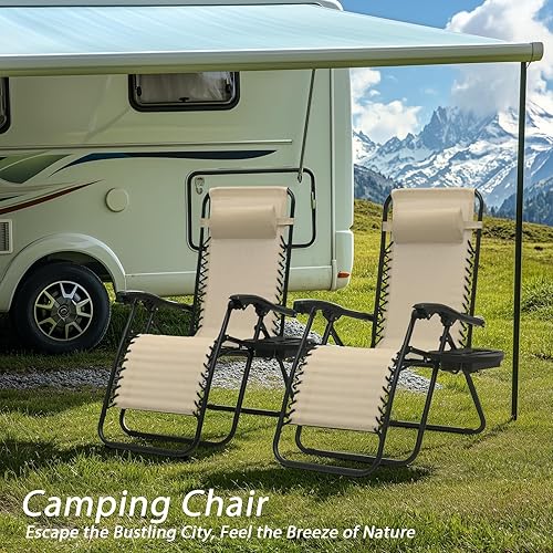 Miniatura 9 de Sillas de gravedad cero, sillas reclinables plegables portátiles con almohada ajustable y bandejas portavasos, para exteriores, patio, playa,