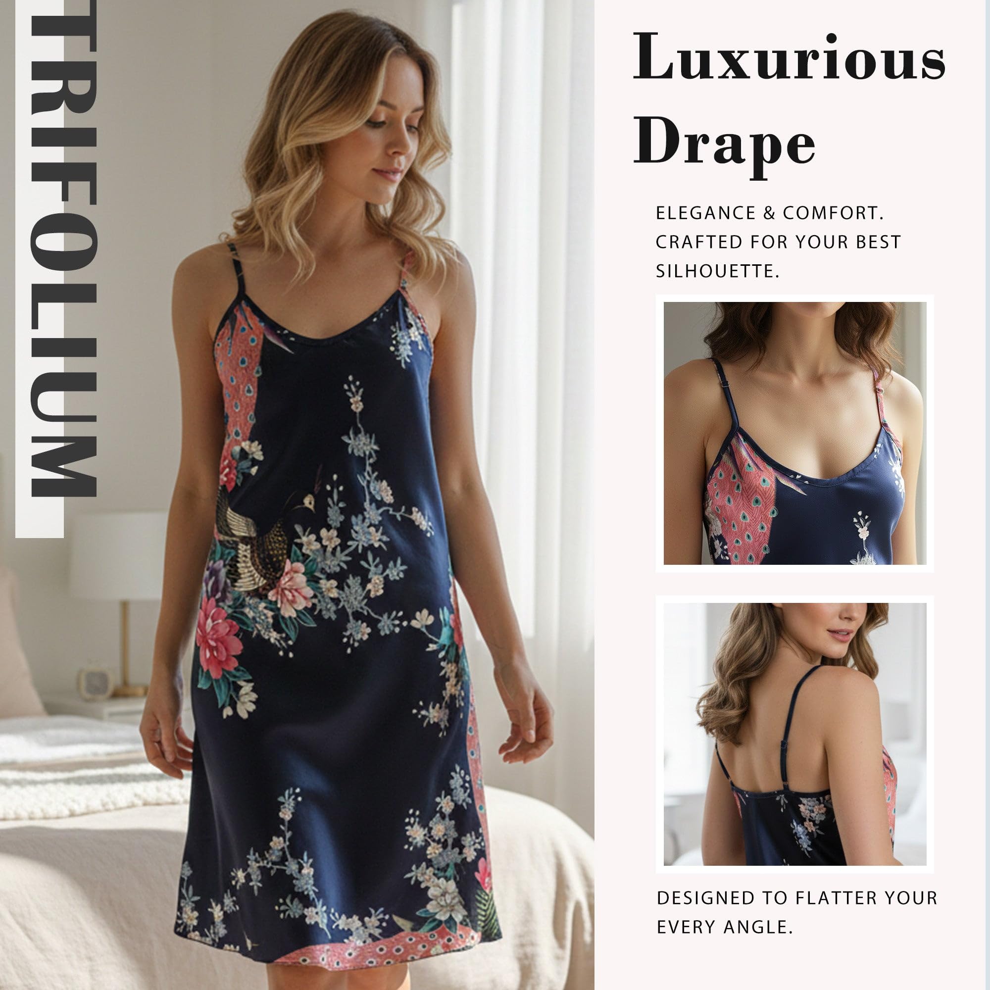 Trifolium Kimono Robe And Chemise Silky Peacock Satin Nightgown Bathrobe Wedding Negligee Nightdress — view 3