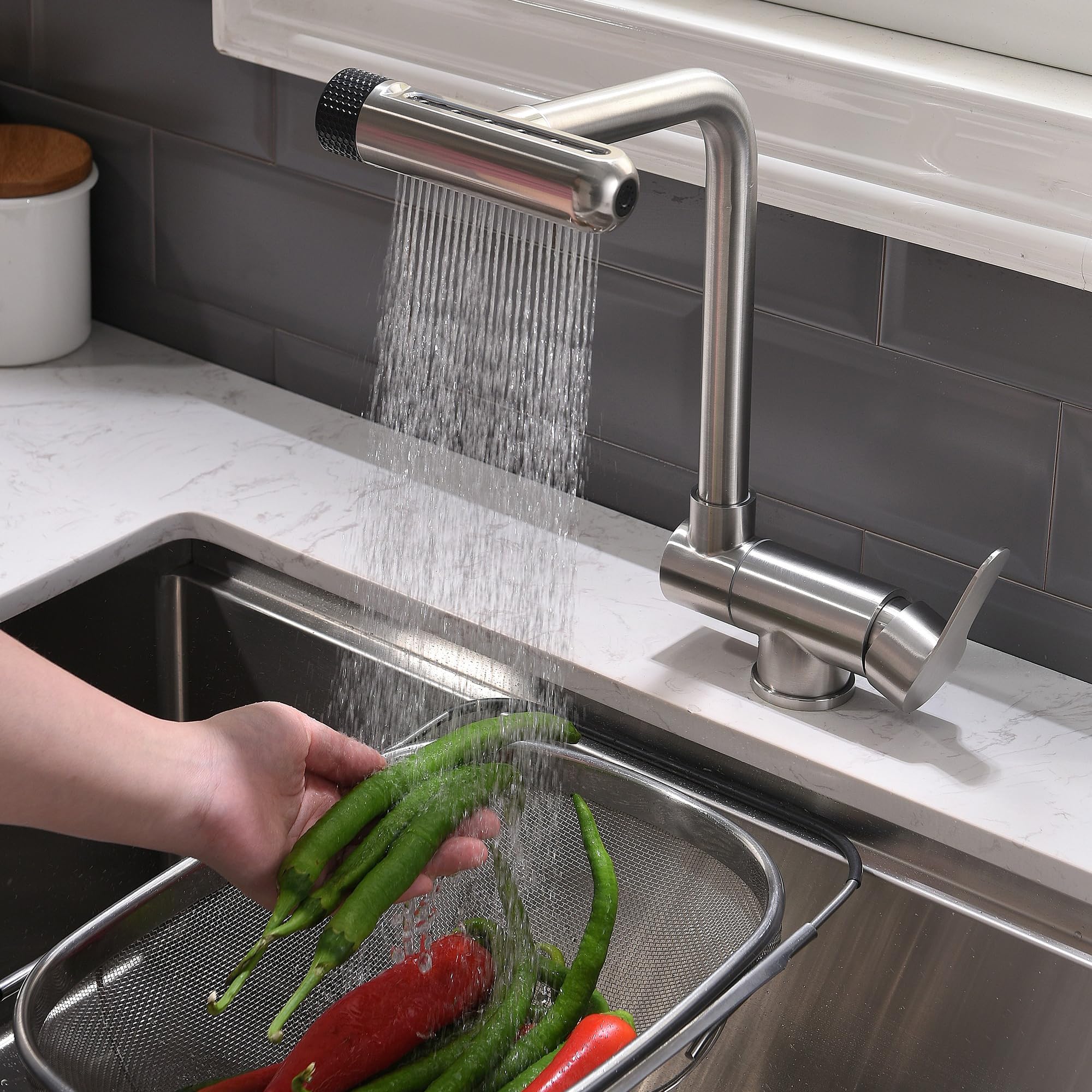 Rubinetto da cucina pieghevole, 4 modalità di spruzzatura dell'acqua, ad alta pressione, per davanzale, in acciaio inox 304