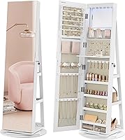 SONGMICS Lockable Jewelry Armoire with 6 LED Lights, 360° Swivel Full-Length Mirror Cabinet, Massive Storage Organizer UJJC007W02V1