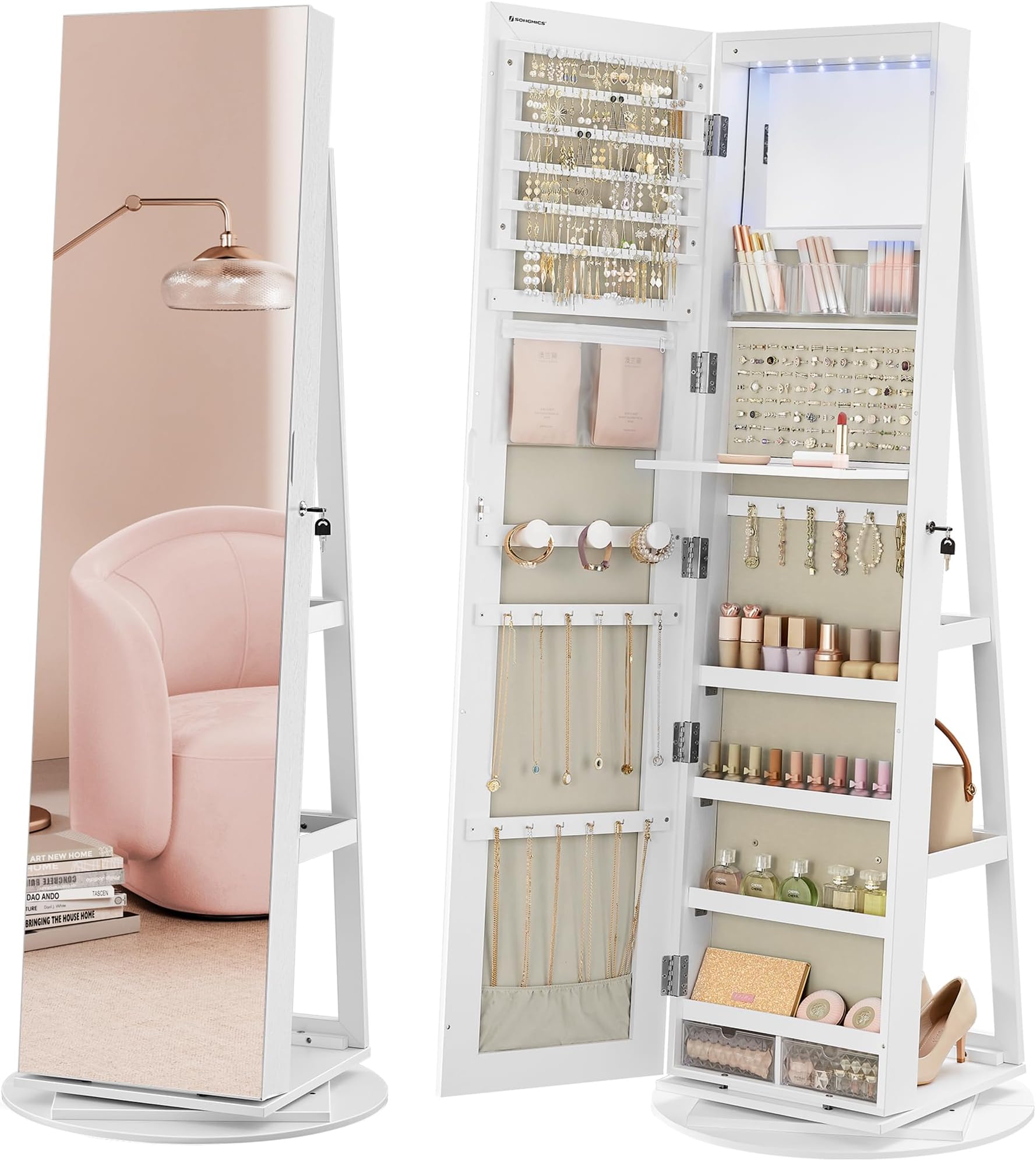 SONGMICS 6 LED Lockable Jewelry Cabinet 360ยฐ Swivel Jewelry Cabinet Frameless Full Length Mirror 3 Storage Shelves White Surface Greige Lining UJJC007W02V1