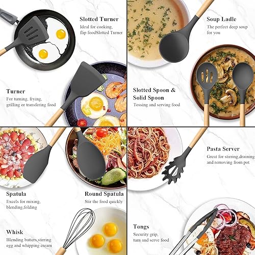 Miniatura 4 de HaWare Juego de utensilios de cocina de silicona, 10 piezas de utensilios de cocina antiadherentes con mango de madera, sin BPA, resistente al calor