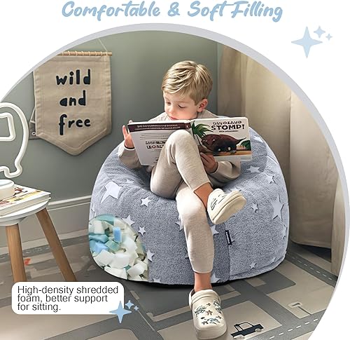 Miniatura 5 de COMAX Puf para niños, sofá con relleno de puf para niños y niñas, silla de piso perezosa para sala de juegos, cuarto de bebé, estrella gris brillante