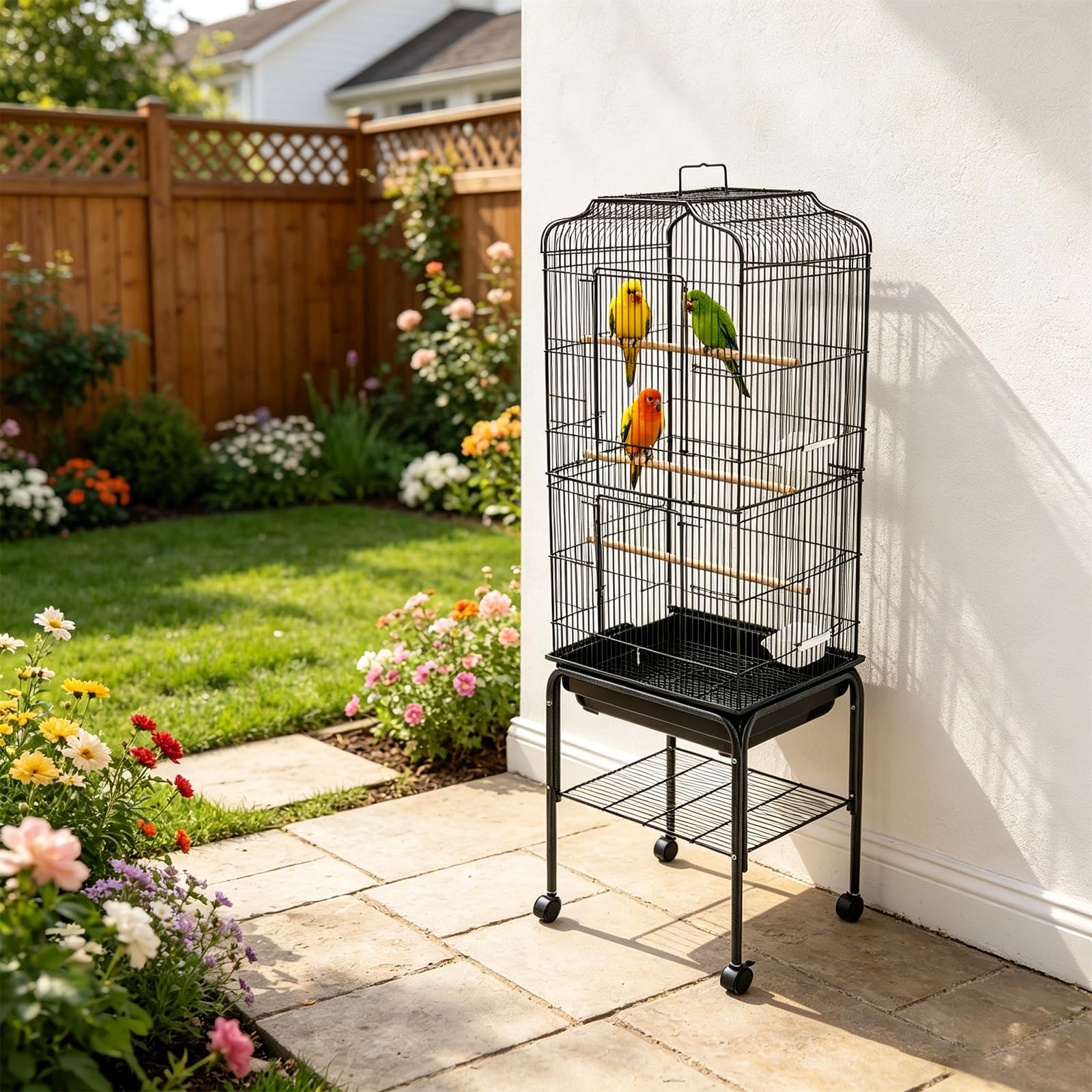 Grande gabbia per uccelli, 47 x 37 x 137,5 cm, con supporto e 4 ruote (2 con freno), gabbia per pappagalli con 4 ciotole, per pappagalli, pappagalli, canarini, fringuelli