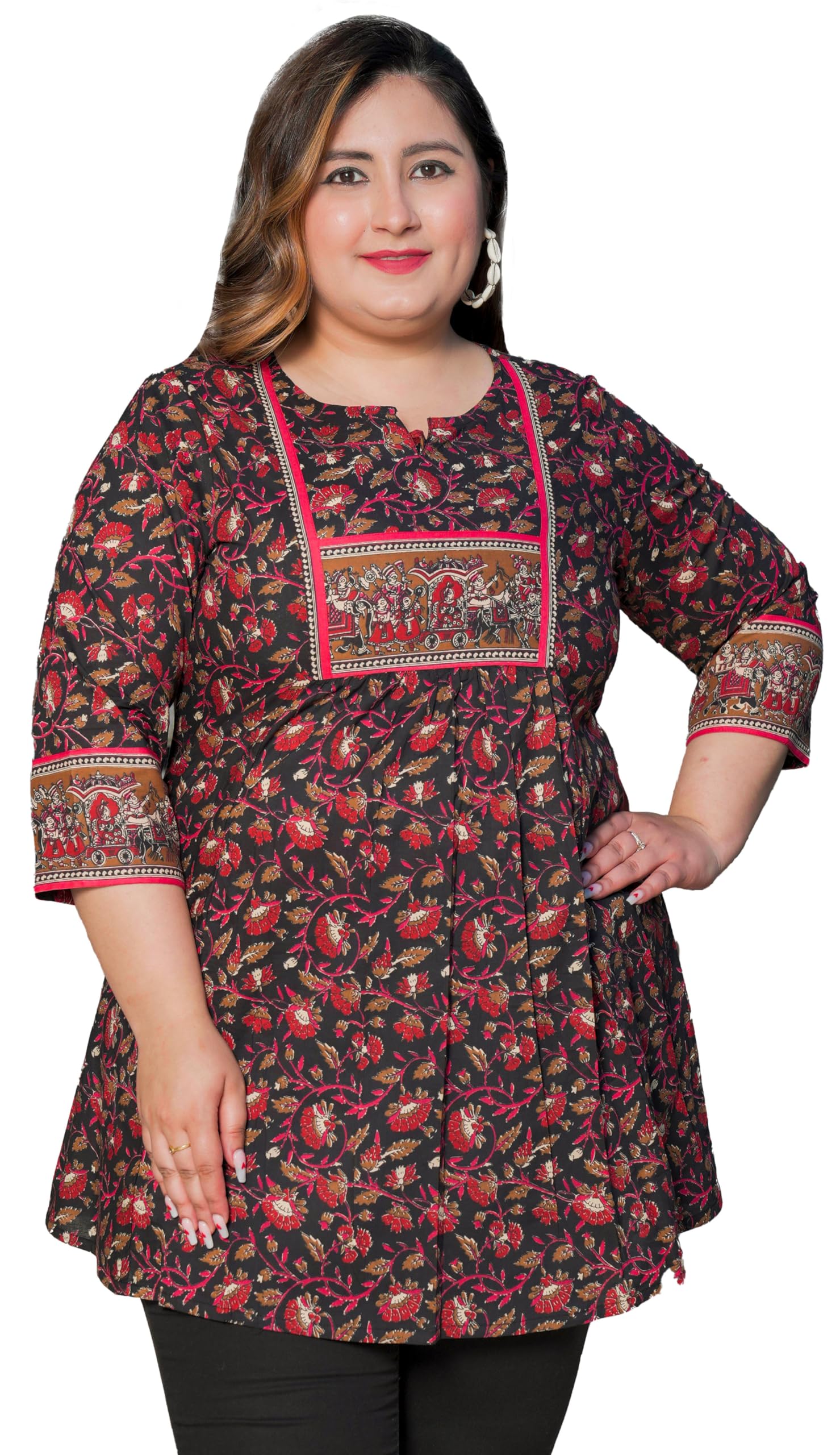 Women’s Pure Cotton Printed Kurti Plus Size A-Line Short Kurta for Women 3/4th Sleeve Ethnic Indian Tunic Top for Office, Casual, Daily-image-21