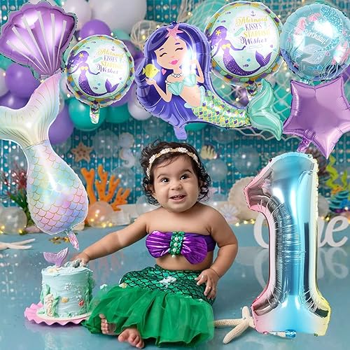 Miniatura 4 de Decoraciones de sirena para primer cumpleaños, decoración de primer cumpleaños de sirena para niño de 1 año con cola de sirena, globo de concha de
