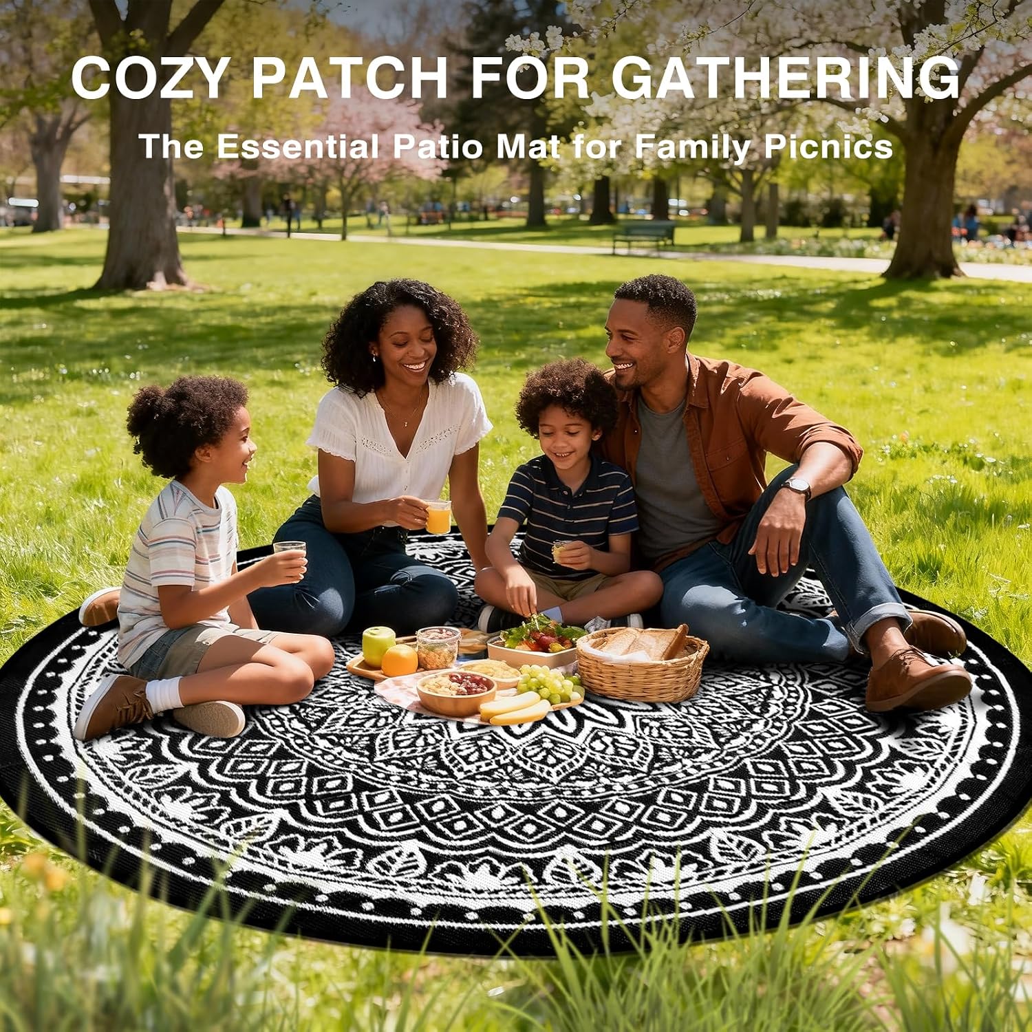 Round Outdoor Rug 8Ft for Patio Waterproof, Outdoor Reversible Mat, Portable RV Camping Mats, Lightweight Plastic Straw Rugs for Deck Porch Picnic Beach Garden Decor, Black/White