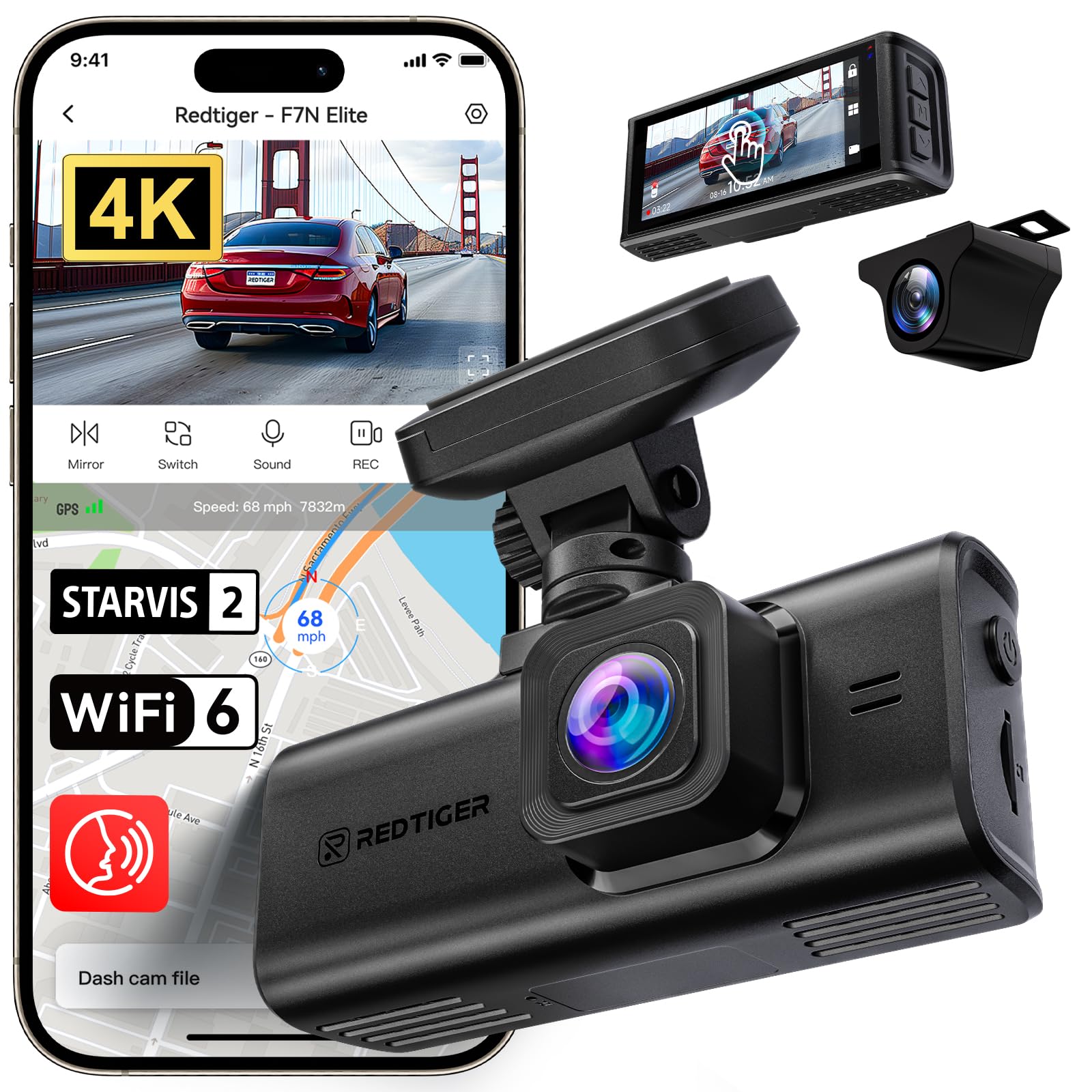 REDTIGER F7N Elite 4K HDR Dual Dash Cam Front & Rear, STARVIS 2 Sensor, 5.8GHz WiFi 6 and APP Control, 3.18" Touchscreen, Voice Control, GPS, 24H Parking Mode, WDR（SD Card Not Included