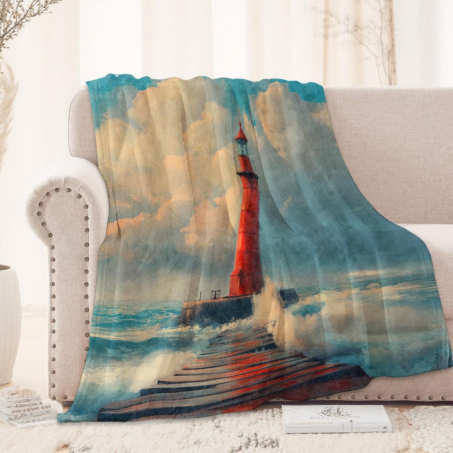 Retro Lighthouse Coastal Blanket 50X60 in, Sea and Ocean Waves Design, Flannel Throw Blankets for Travel Camping Sofa Living Room Decor, Lightweight Cozy Soft Fuzzy Gifts for Women Girls Kids - Image 2