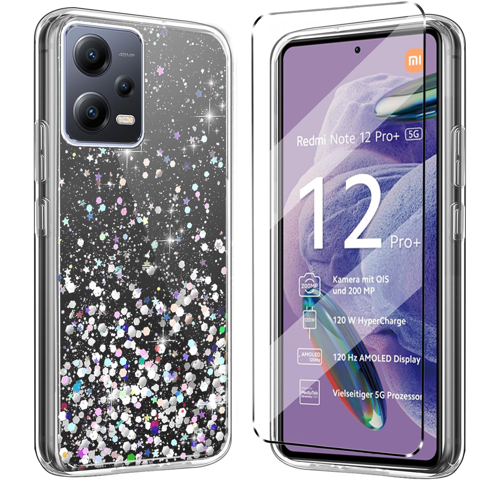 Custodia Glitter E Vetro Temperato Per Redmi Note 13 Pro Plus/Pro+ - Cover Antiurto Con Brillantini + Pellicola (Nero) - 3