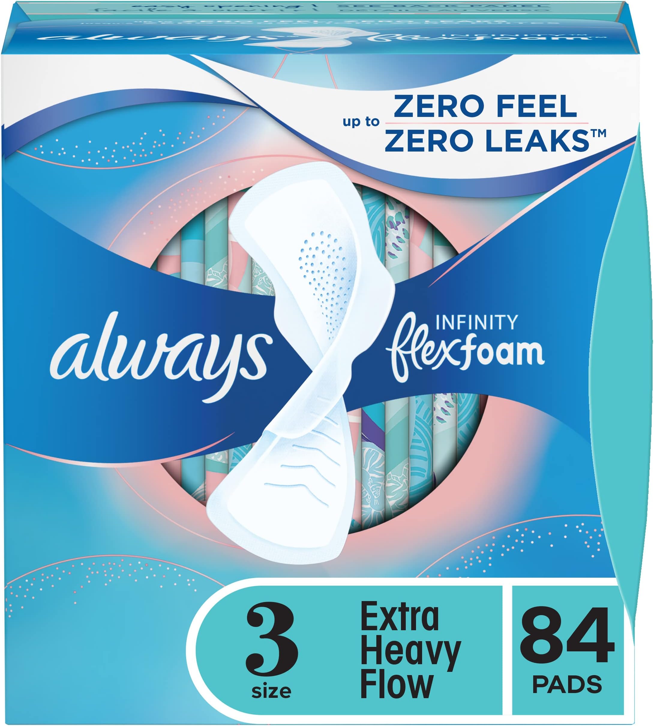 Always Infinity Feminine Pads for Women, Size 3, Extra Heavy Flow Absorbency, with Wings, Unscented, 28 Count, Pack of 3