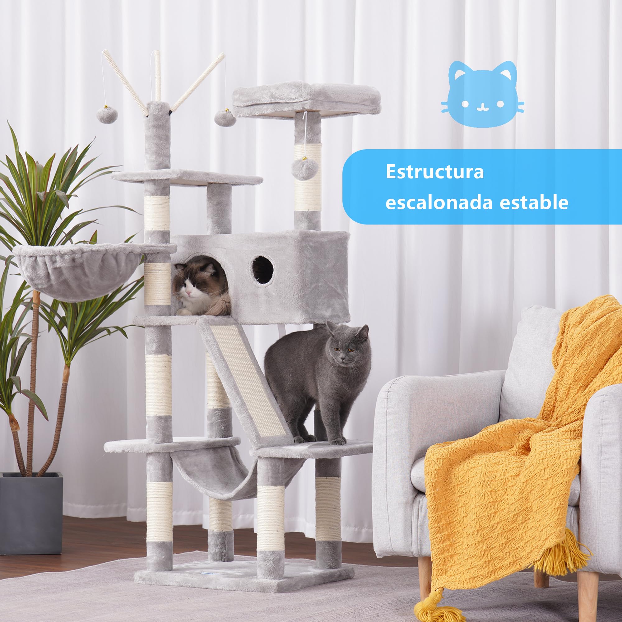 Hey-brother Albero per gatti, 154 cm, torre per gatti da interno, con piattaforma imbottita, palline giocattolo, grande condominio accogliente, amache e tiragraffi in sisal, grigio chiaro EMPJ019W