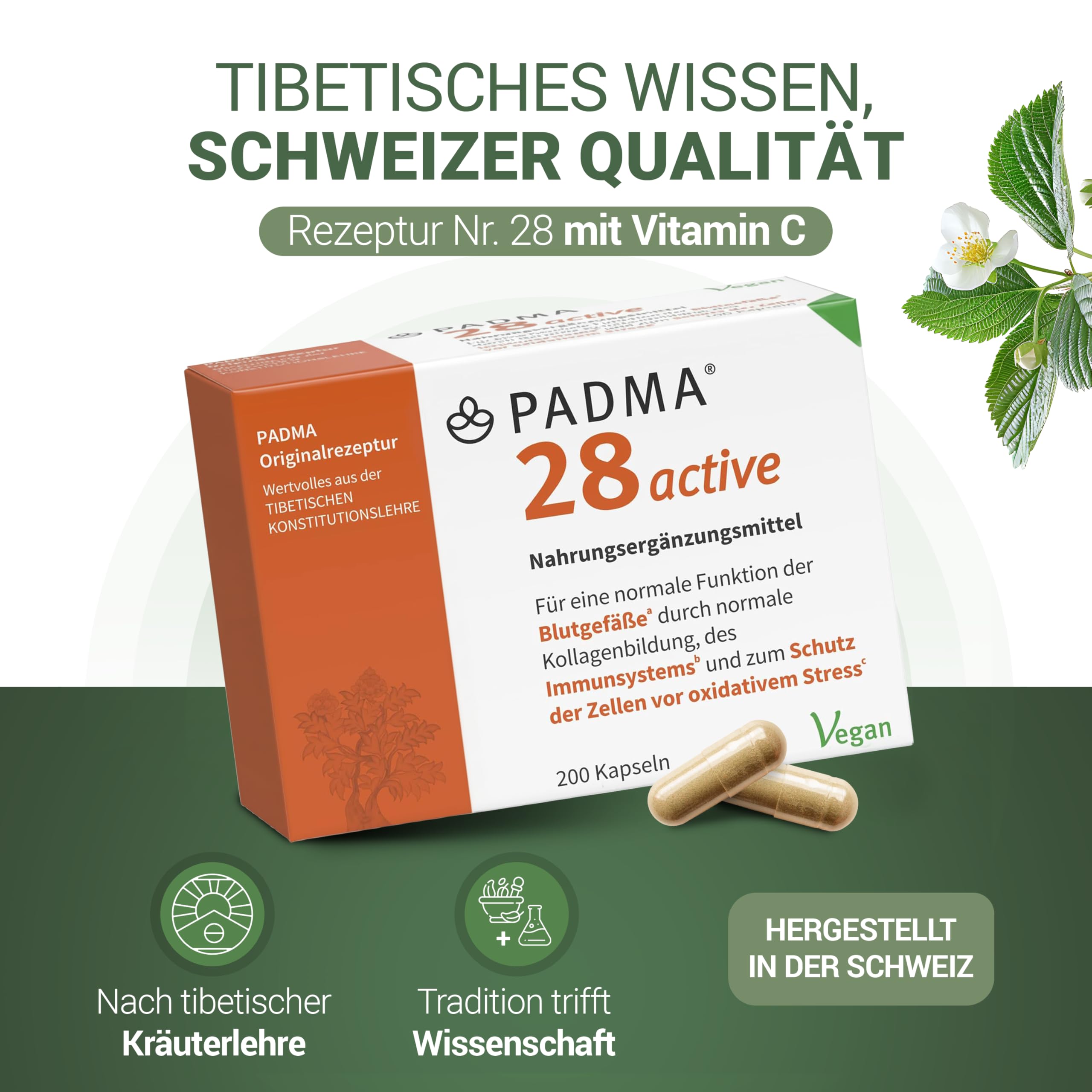 200 Kapseln - Mit Vitamin C - Unterstützung von Blutgefäßen, Immunsystem & Schutz vor Stress - Nach tibetischer Rezeptur mit Kräutern & Mineralien - Vegan, hergestellt in der Schweiz