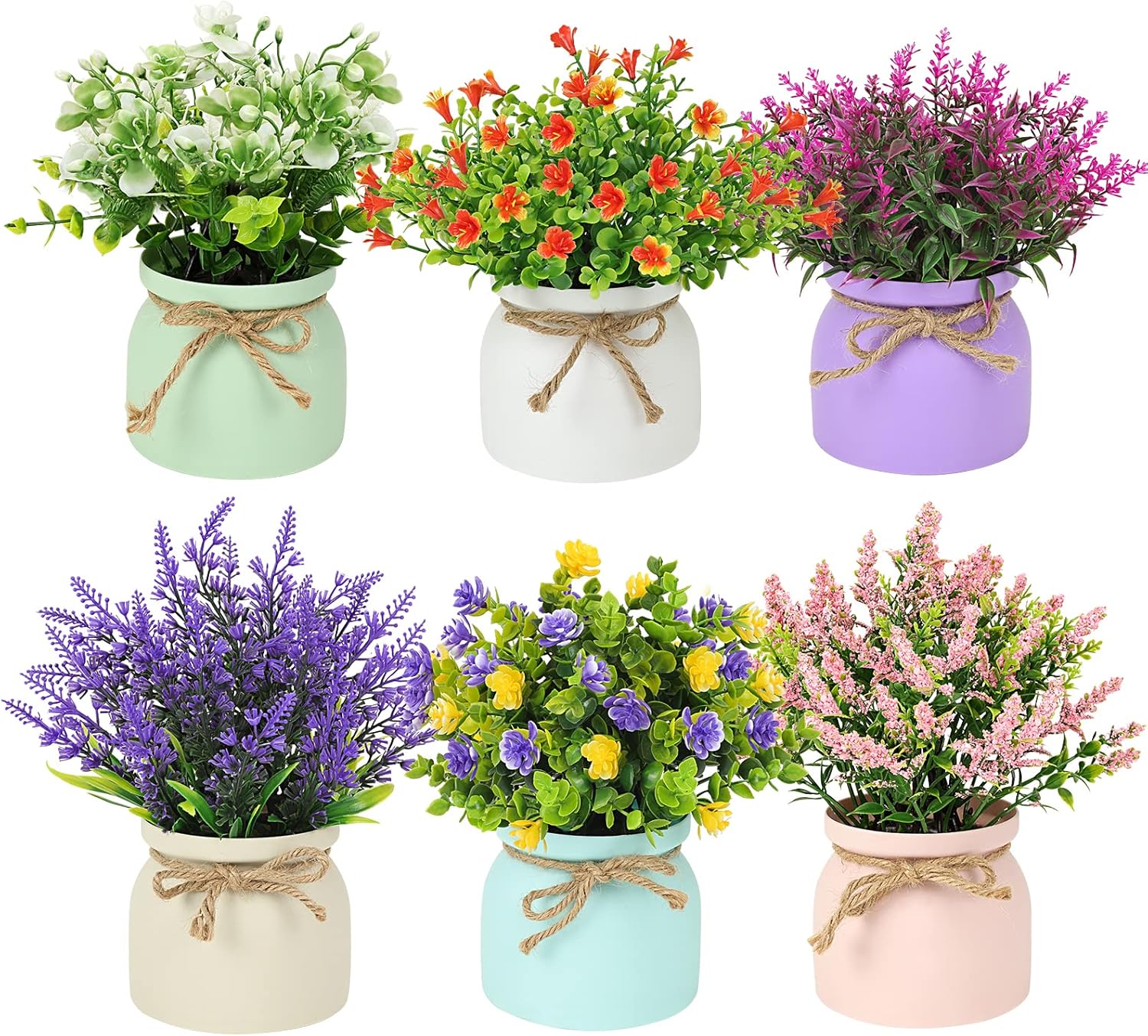 CEWOR 6pcs Fake Potted Plants Small Faux Plants Indoor Artificial Flowers Outdoor in Macaron Pot