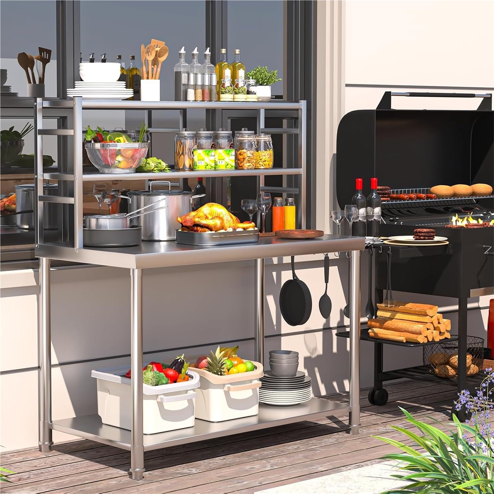 Cocina Comercial Encimera Acero Mesa Preparación Estante Inferior Trabajo Ajustable Estante Acero Inoxidable Alta Resistencia Doble Nivel Tienda Té Leche Encimera(B-Silver,180x80x80cm)
