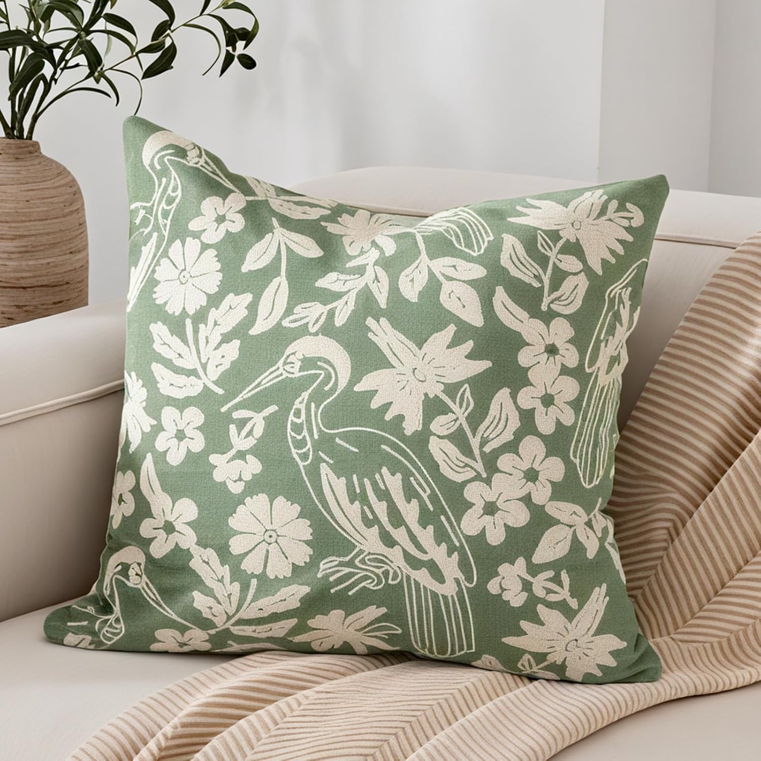 Floral Block Embroidered Faux Fur Pillow Cover 18x18, Boho Floral Herons Decorative Soft Fluffy Pillow Cushion Case,Modern Home Decor for Outdoor Couch Bedroom Car Green
