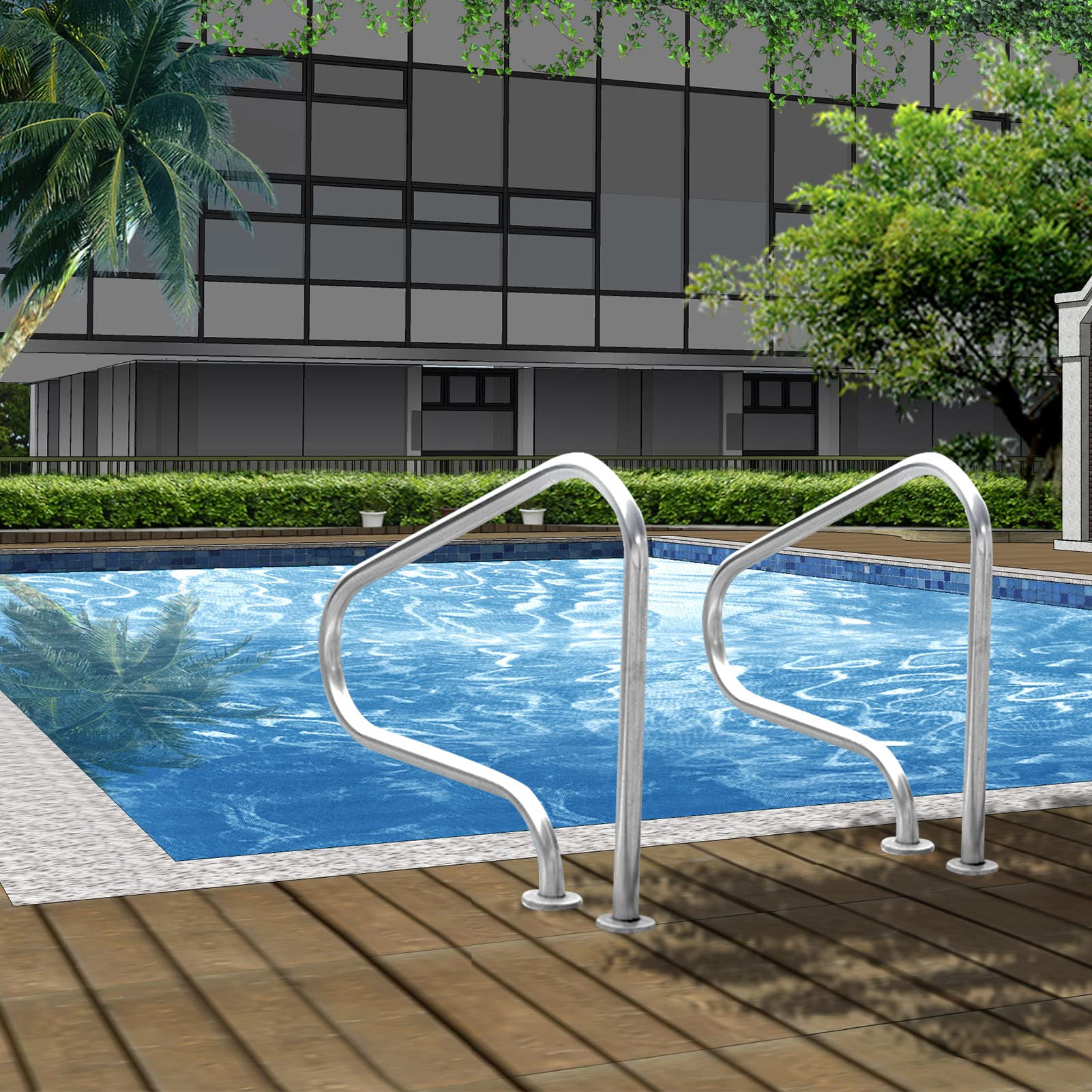Main courante de piscine en acier durable avec platine d'ancrage robuste