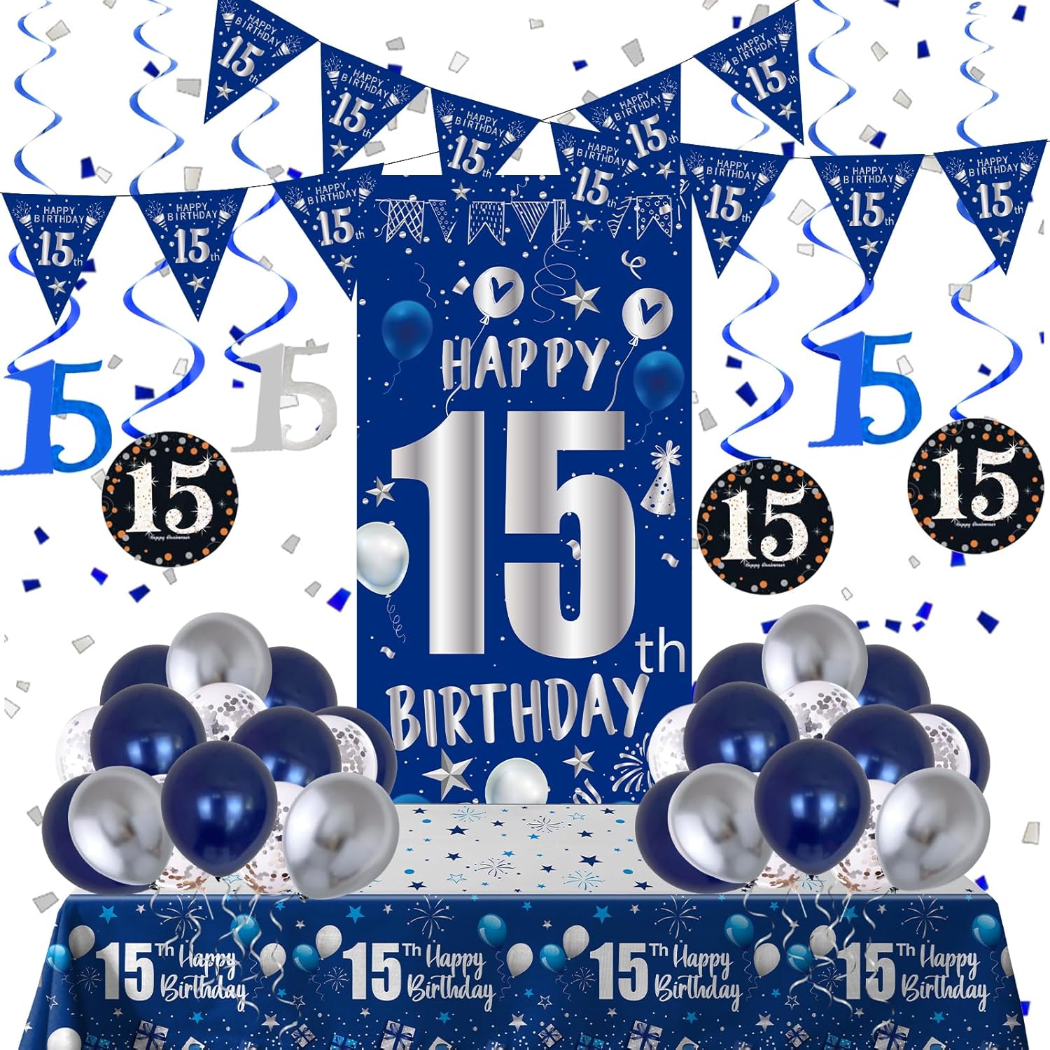 15th Birthday Decorations for Boys Girls, Blue Silver 15th Birthday Decorations Backdrop Banner, Happy 15th Birthday Tablecloth, Number 15 Hanging Swirls, Triangle Flag, 15 Years Old Party Supplies