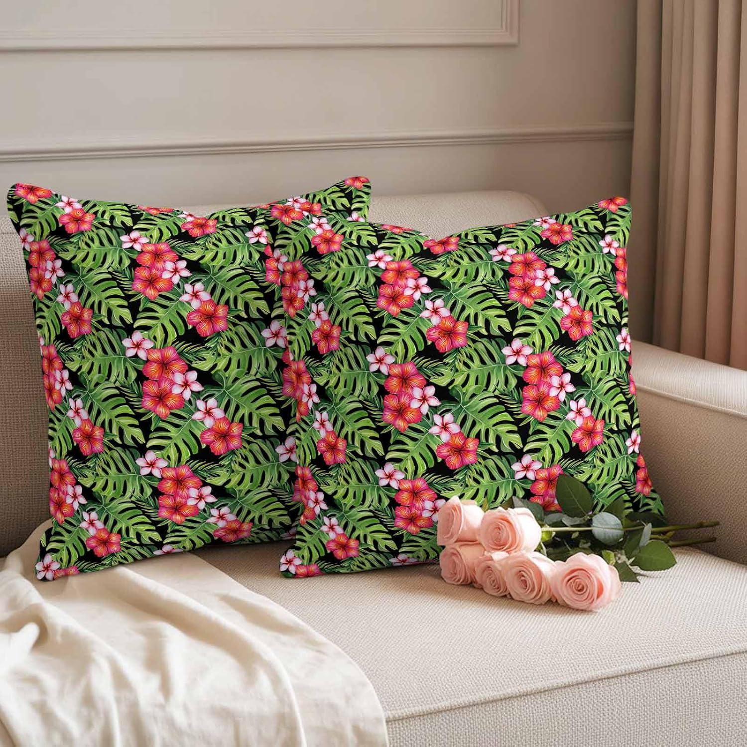 Summer Flower Outdoor Pillow Covers Pack of 2 Pastoral Red Flower Tropical Plants Leaf Waterproof Throw Pillow Covers Decorative Cushion Cases for Patio Garden Tent Balcony Couch 24x24 inch
