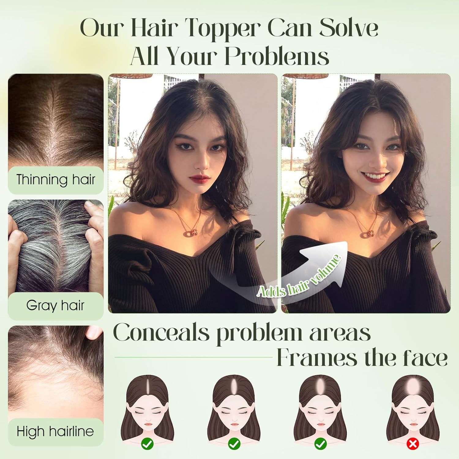 Hair Toppers for Women Real Human Hair 360°3D Cover Human Topper for Thinning No Bangs Middle Part Lace Base 11 Inch Hairpieces for Women (Side Bangs, Natural Black)