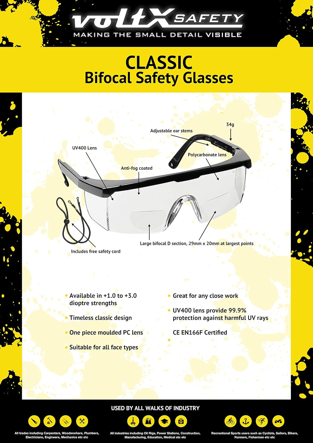 voltX 'Classic' Bifocal Safety Glasses (Clear +1.0 Dioptre), UKCA & CE EN166f certified - Image 3