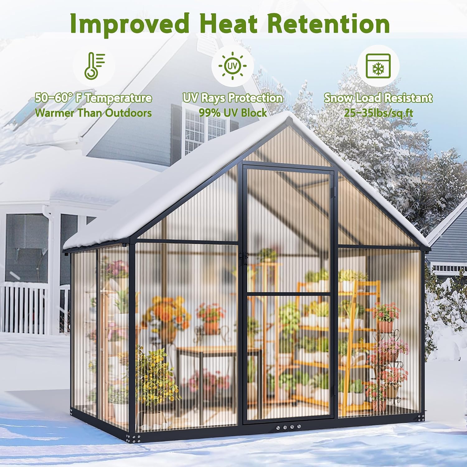 Wanan 6x4FT Greenhouses for Outdoors, Quick Assembly Polycarbonate Green House with UV Protection, Heavy Duty Windproof Aluminum Frame, Adjustable Roof Vent for Backyard or Outdoor Garden Use