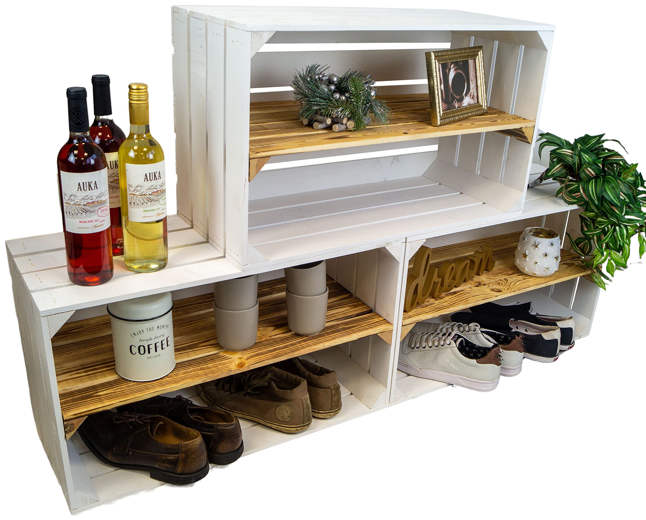 Kistenkolli Altes Land 2er set grosse Obstkiste TOSCA geflammt mit langem Zwischenbrett ca 68x40x30cm/ Regalkiste Apfelkiste/Weinkisten Ablageregal Aufbewahrungskiste (weiß geflammt)