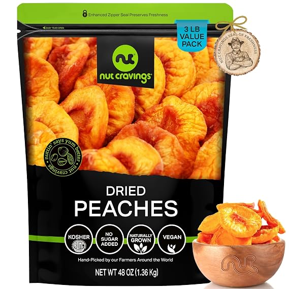 NUT CRAVINGS - Dried California Peaches, No Sugar Added, Unsweetened (48oz, 3 LB) Sweet Healthy Snack, Vegan, Kosher, Resealable Bag