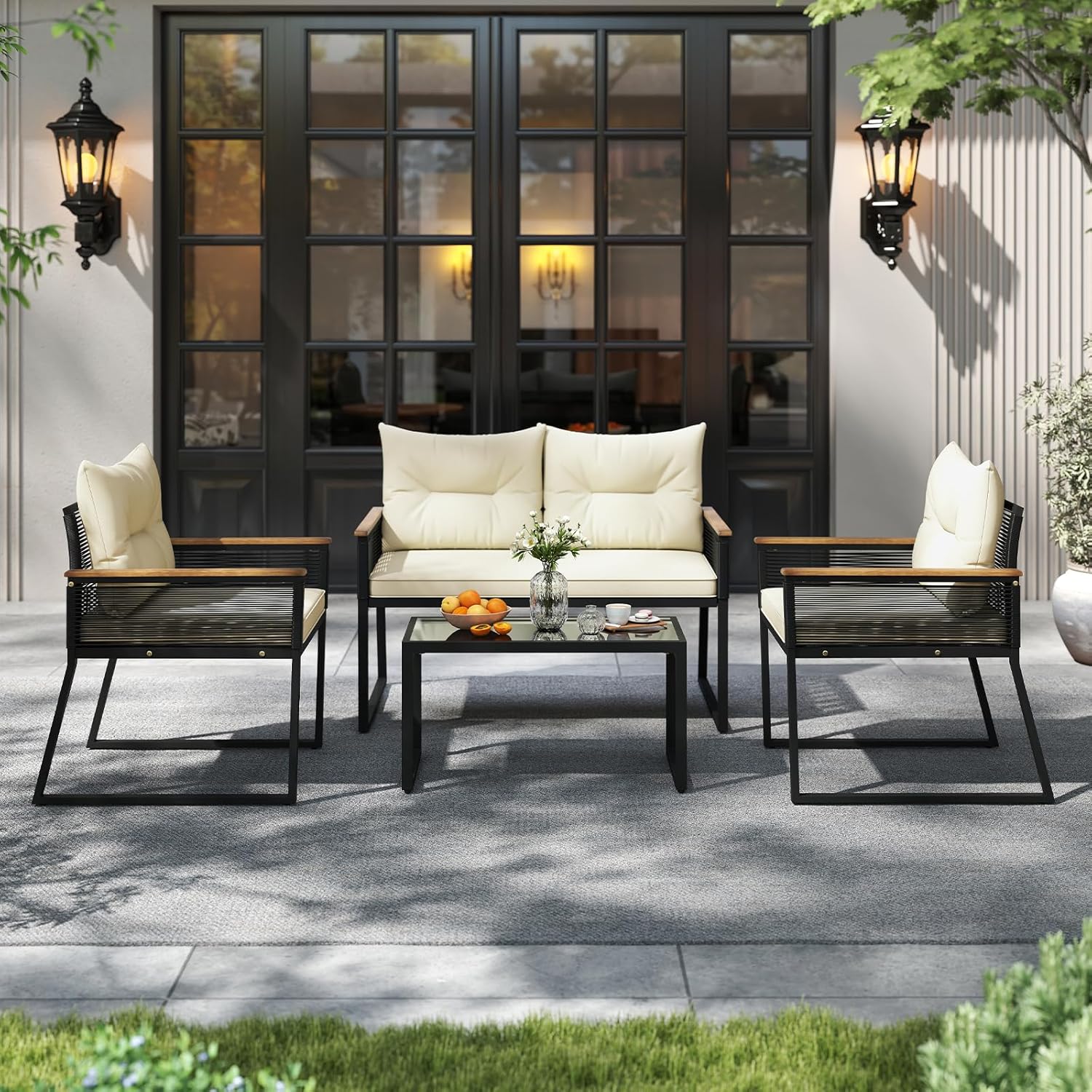 Tangkula 8 Pieces Patio Wicker Furniture Set, Heavy Duty Outdoor Cushioned Conversation Set with Tempered Glass Coffee Table, for Garden, Yard and Poolside (Off White,4)