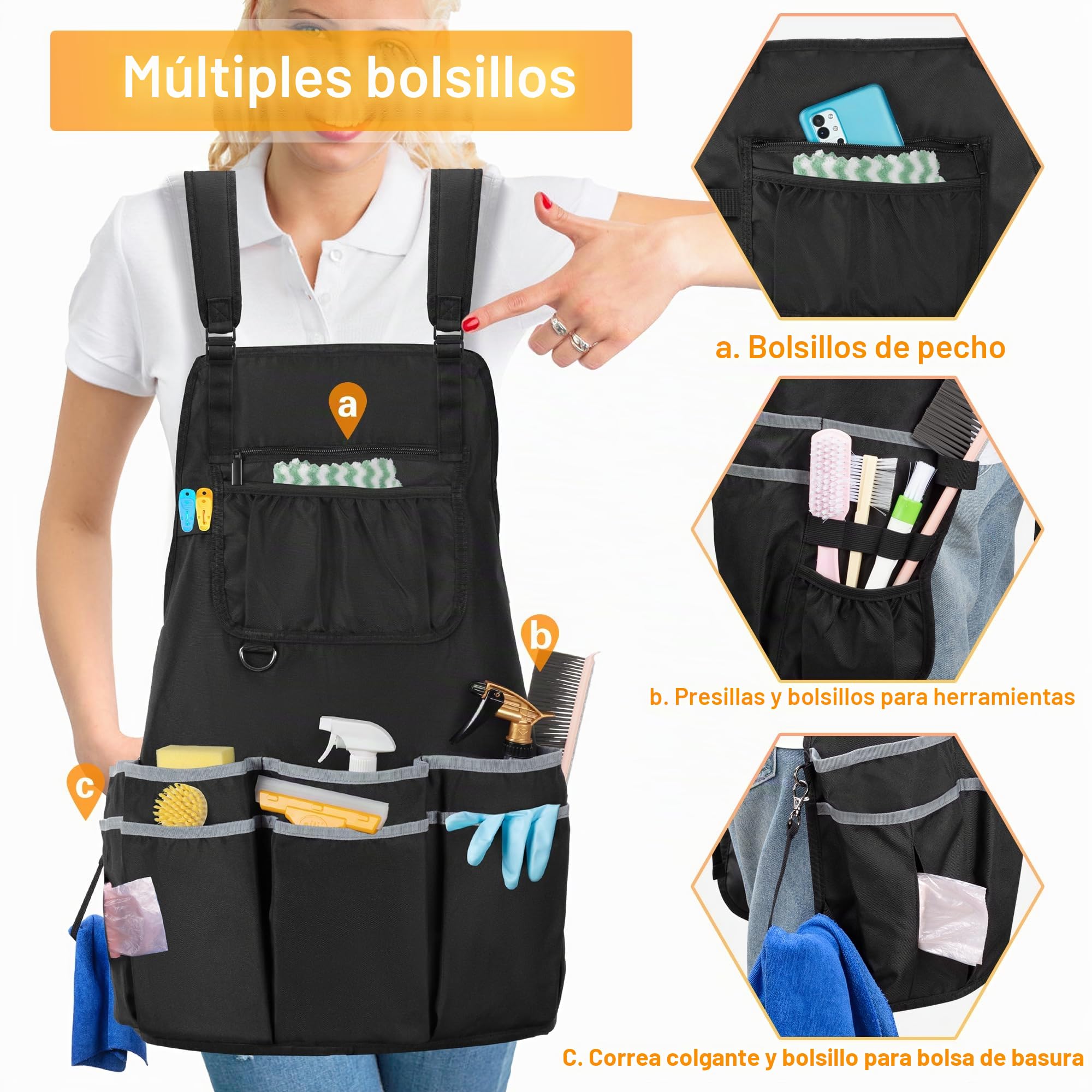 HODRANT Delantal de Limpieza Grande | Delantal Organizador de Limpieza con Doble Correa para El Hombro y Bolsillos, para Hombres y Mujeres