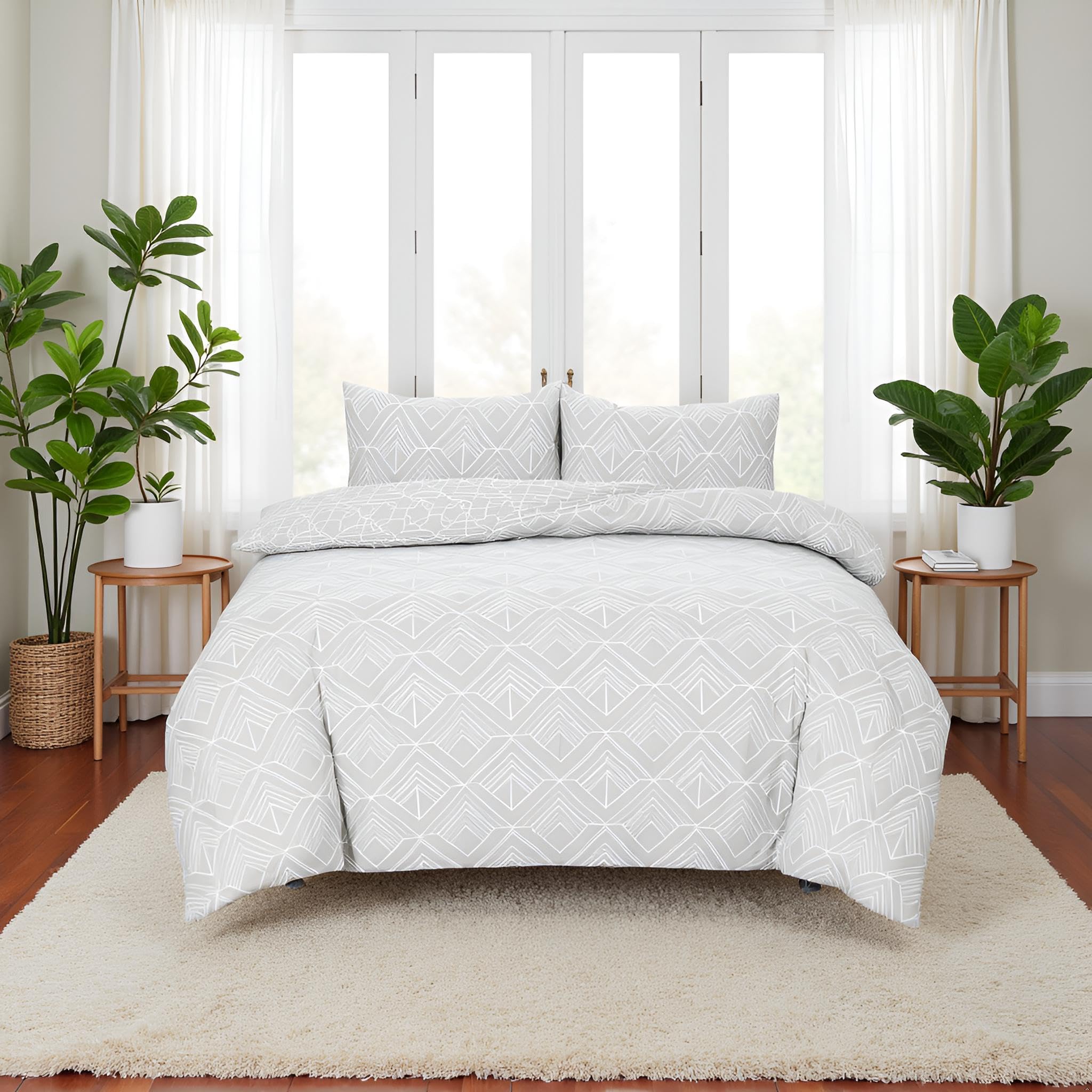 PHP Duvet Cover Set - Ulta Soft Non Iron Easy Care Thick Solid Printed Duvets Quits Covers 3Pcs Comforter Bed Cover Bedding Set with 2 Pillow Shams (Double, Silver Spectrum)