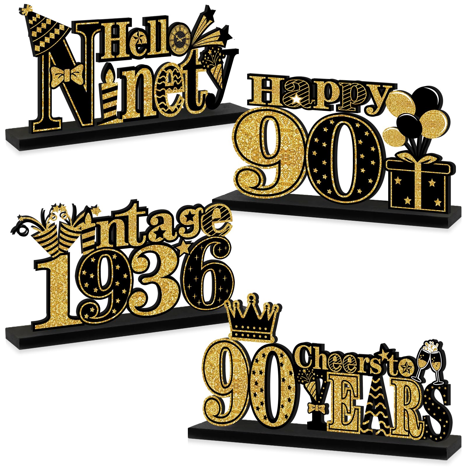 Turypaty 4 Pieces 90th Birthday Decorations Acrylic Vintage 1936 Table Party Supplies, Black Gold Cheers to 90 Years Table Centerpieces Sign, Happy 90th Anniversary Bday Hello Ninety Table Decor