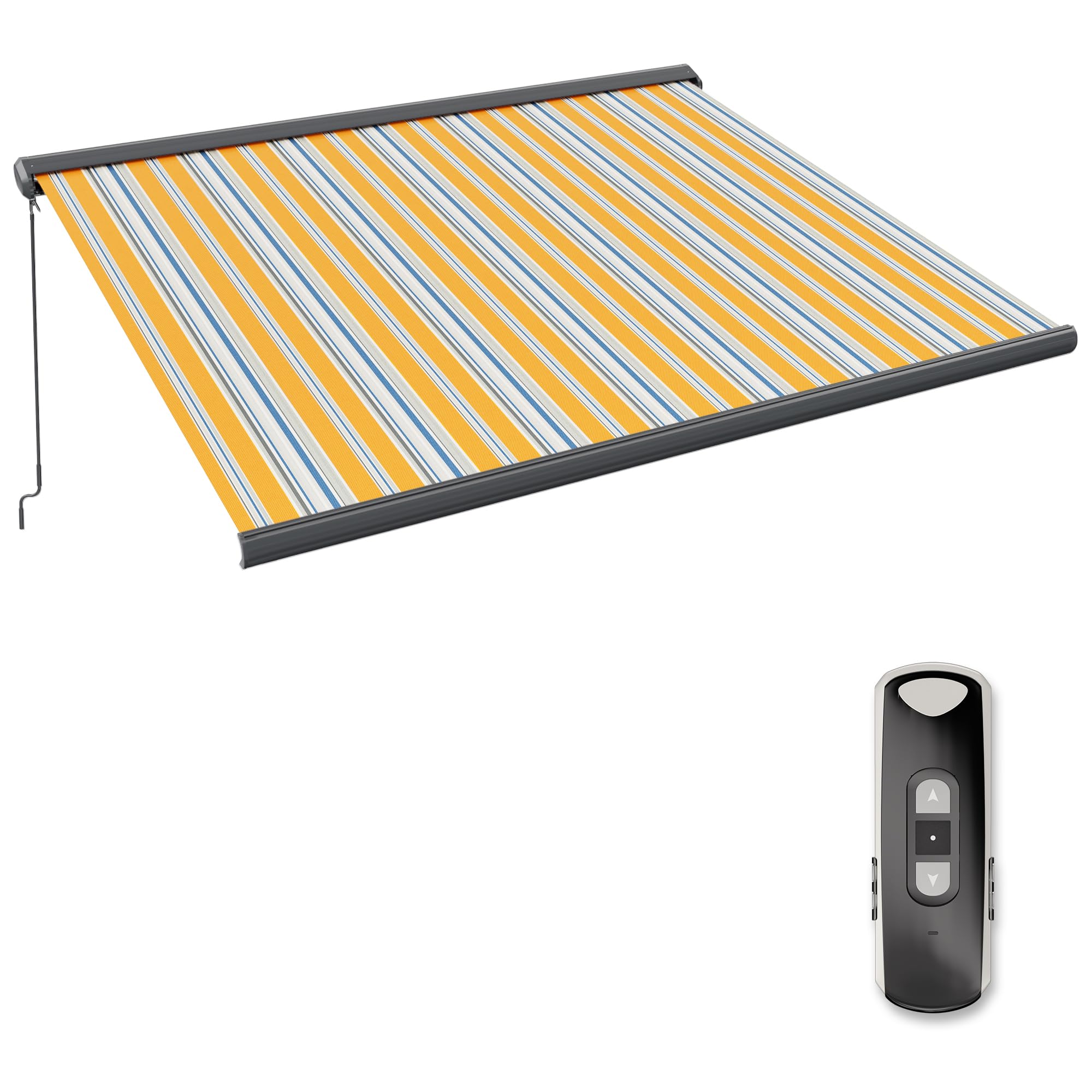 paramondo Markise Kassettenmarkise Curve 2000 Gelenkarmmarkise Balkon Terrasse Sichtschutz, mit jarolift Funkmotor & Funkhandsender, 345 x 300 cm, Gestell Anthrazit, Stoff Multi Gelb-Blau-Grau