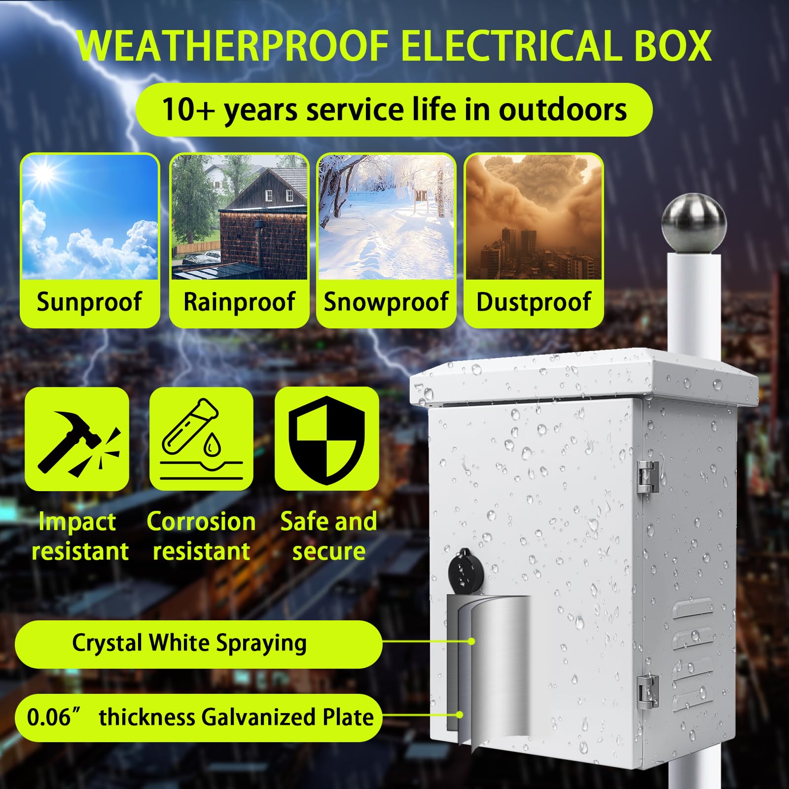 Recinto de metal para exteriores con capucha de lluvia, caja impermeable para electrónica WiFi/caja de disyuntor de red con diseño ventilado, gabinete de proyectos de cable con agujero de montaje en