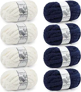  Chunky Yarn for Hand Knitting - #10 Chunky Chenille Yarn, Jumbo Big Thick Chunky Yarns for Crocheting, Super Bulky Chunky Knit Blanket Yarns, 8 Skein (22yd, 8oz/Skein), Cream & Navy
