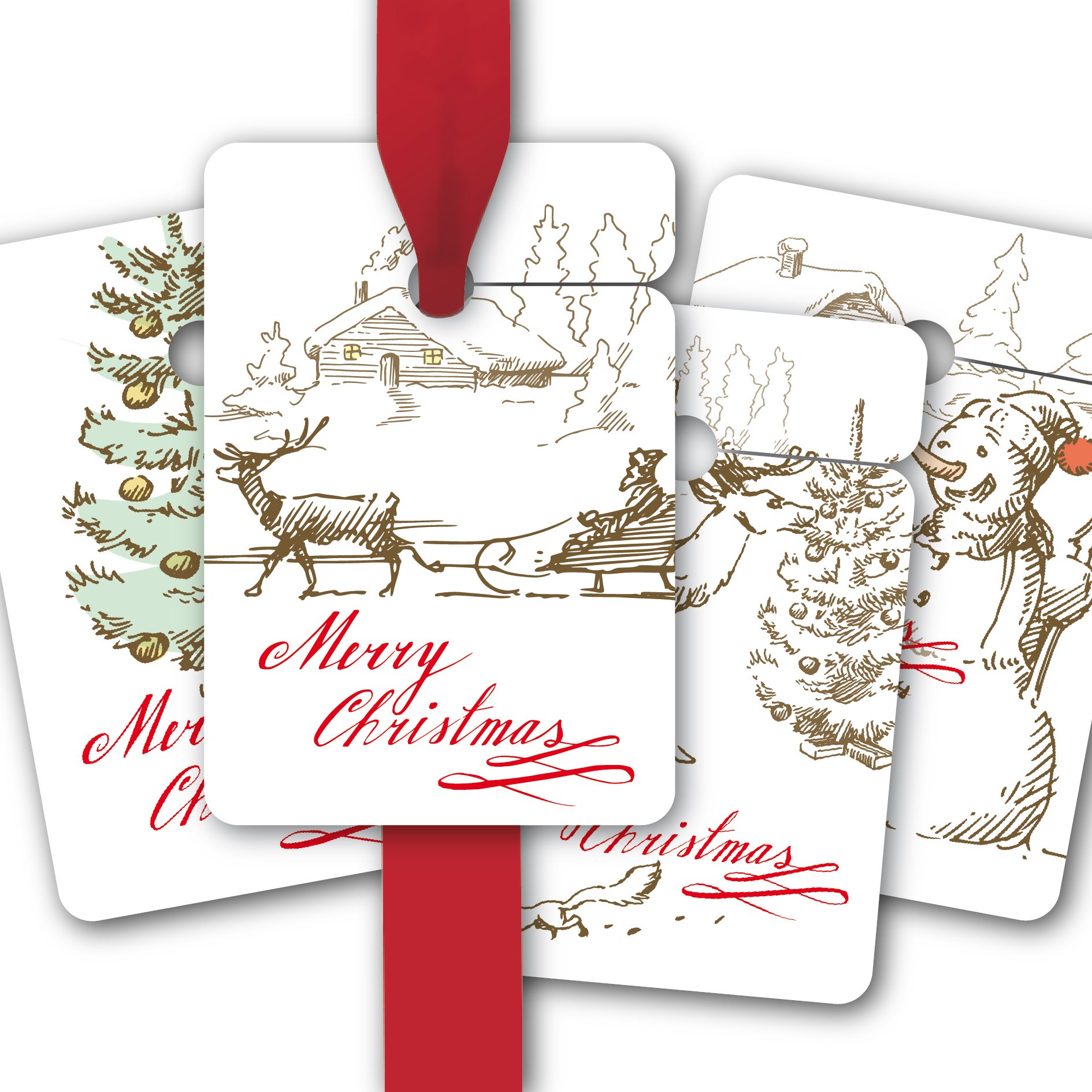 Weihnachts Geschenkanhänger, Papieranhänger (80Stk) für Weihnachten im Vintage Look mit Hirsch, Schneemann, Eichhörnchen und Tannenbaum: Merry Christmas • Geschenk Deko Geschenkverpackung